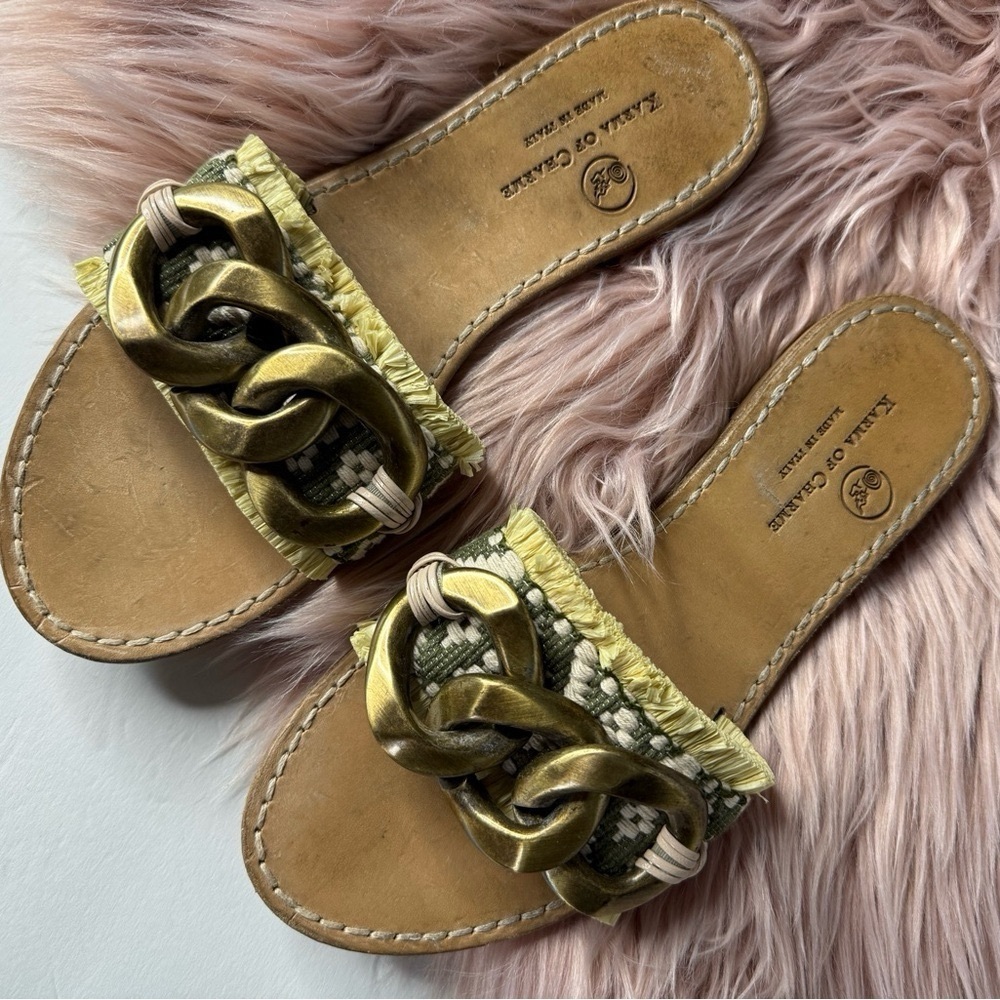 Free People Tan Leather Slides with Olive Woven Strap & Brass Chain Accent